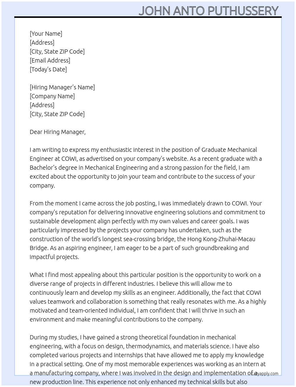 Graduate mechanical engineer  At COWI Cover Letter