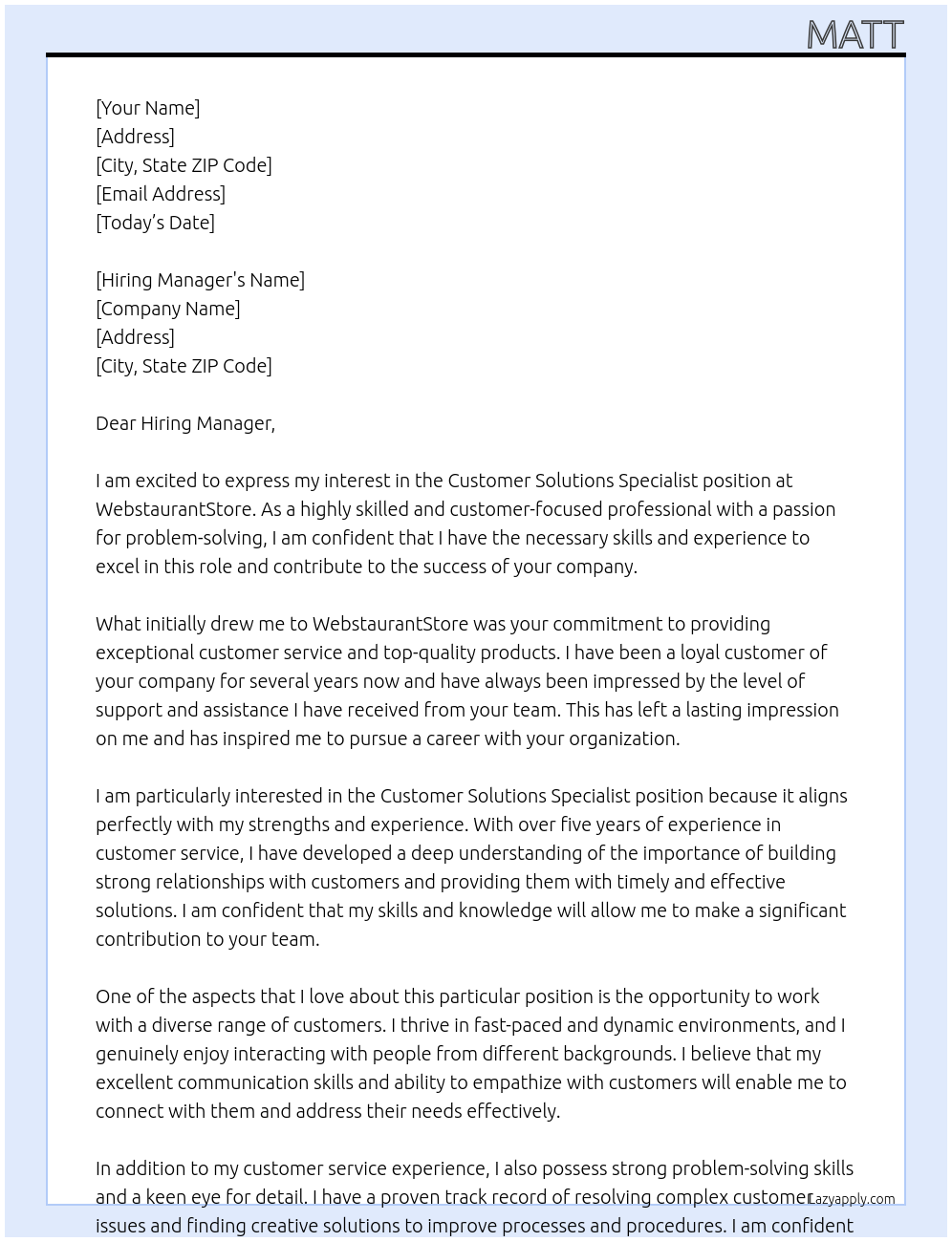 Customer Solutions Specialist At WebstaurantStore Cover Letter