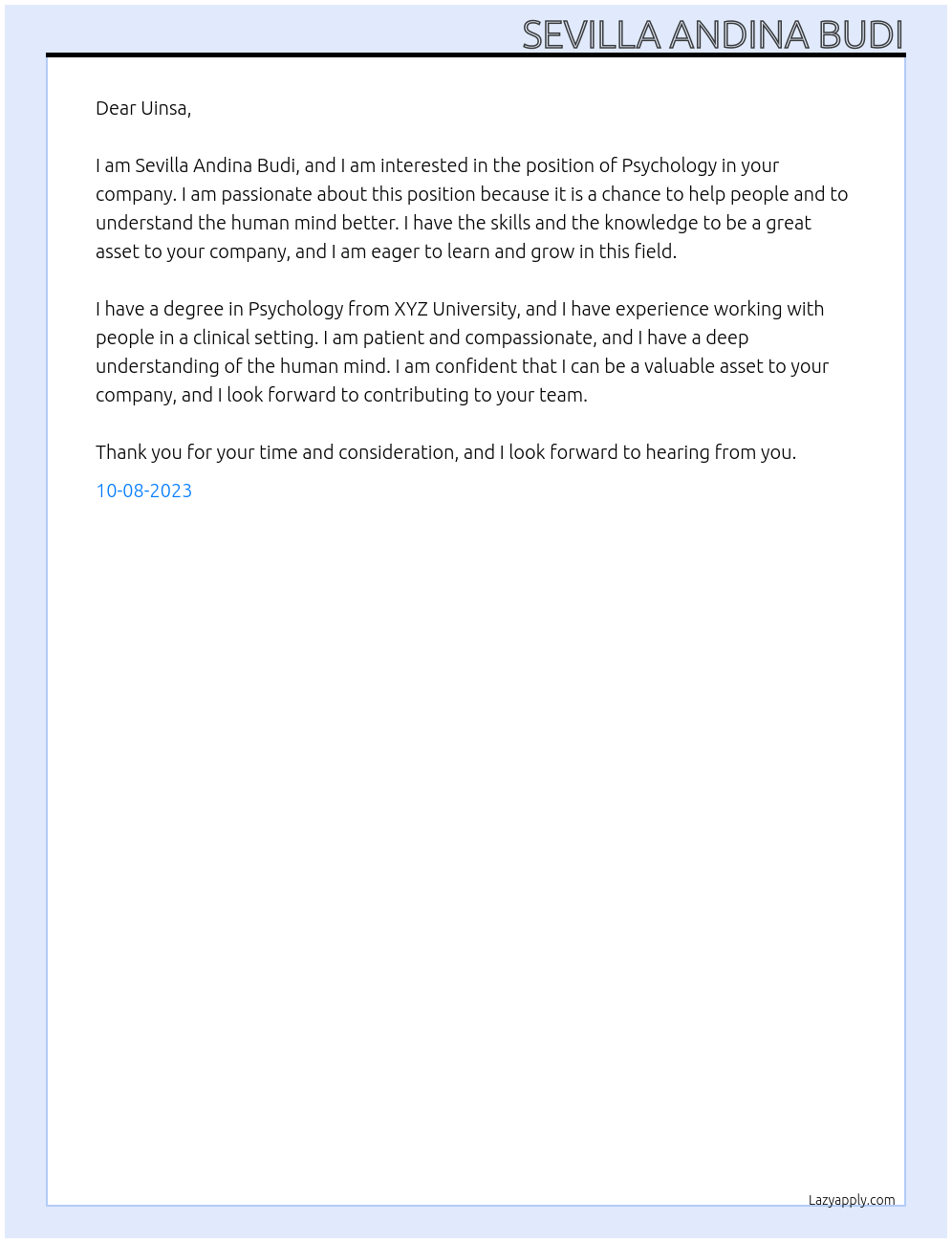 Psychology At Internship Cover Letter