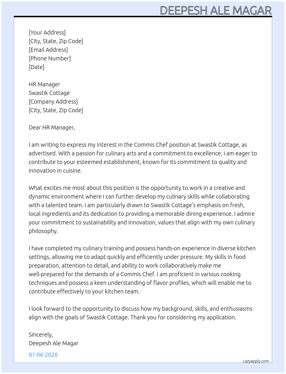 Cover letter for commis chef - LazyApply