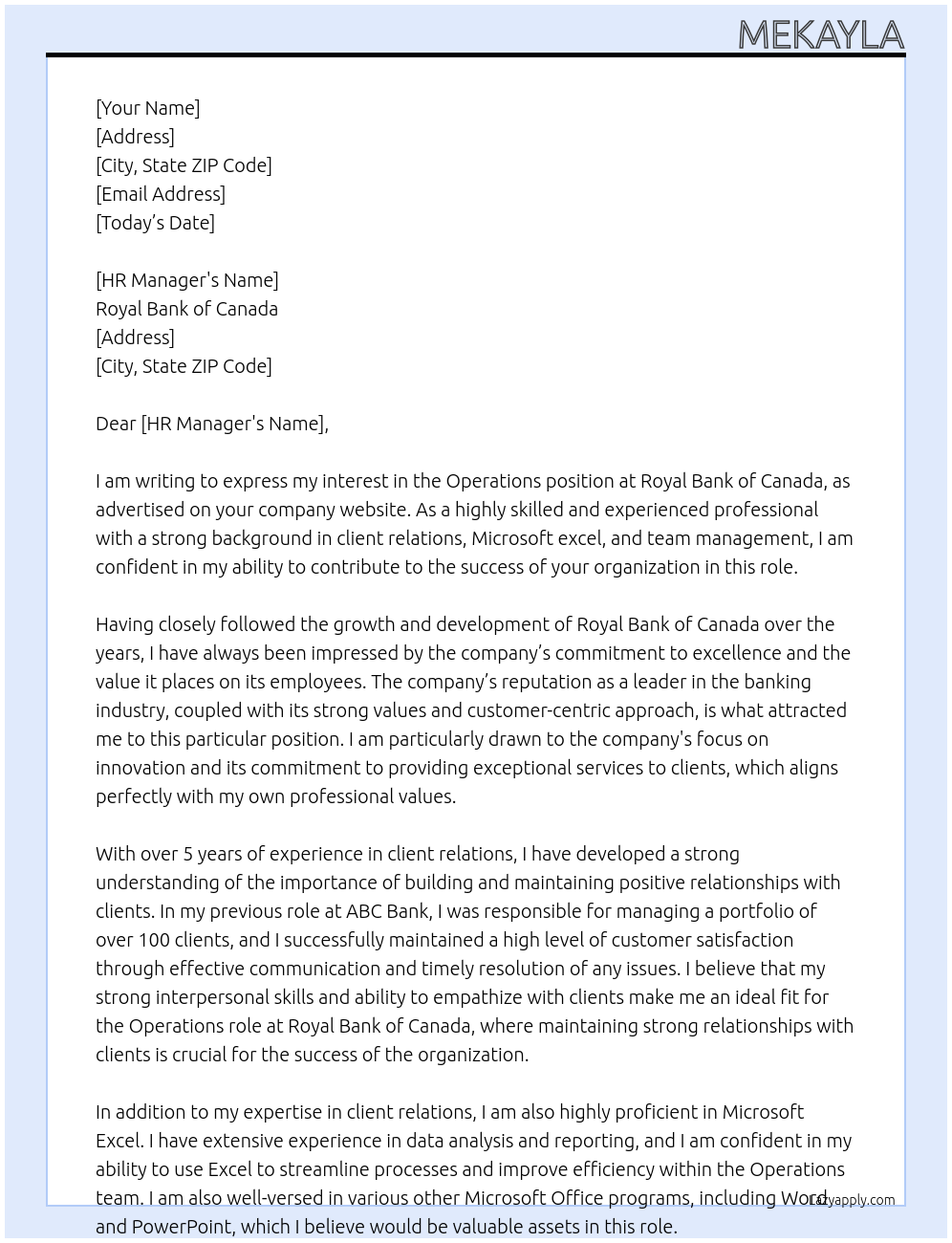 Operations At Royal Bank of Canada Cover Letter