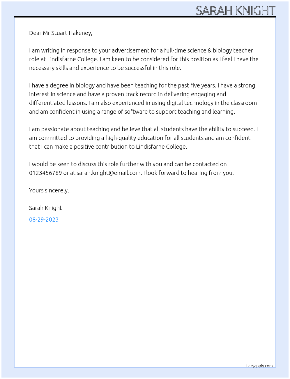 Biology teacher At Lindisfarne College Cover Letter