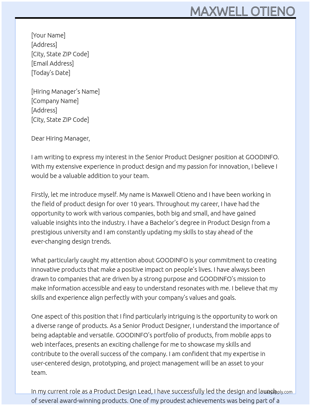 Senior Product Designer At GOODINFO Cover Letter