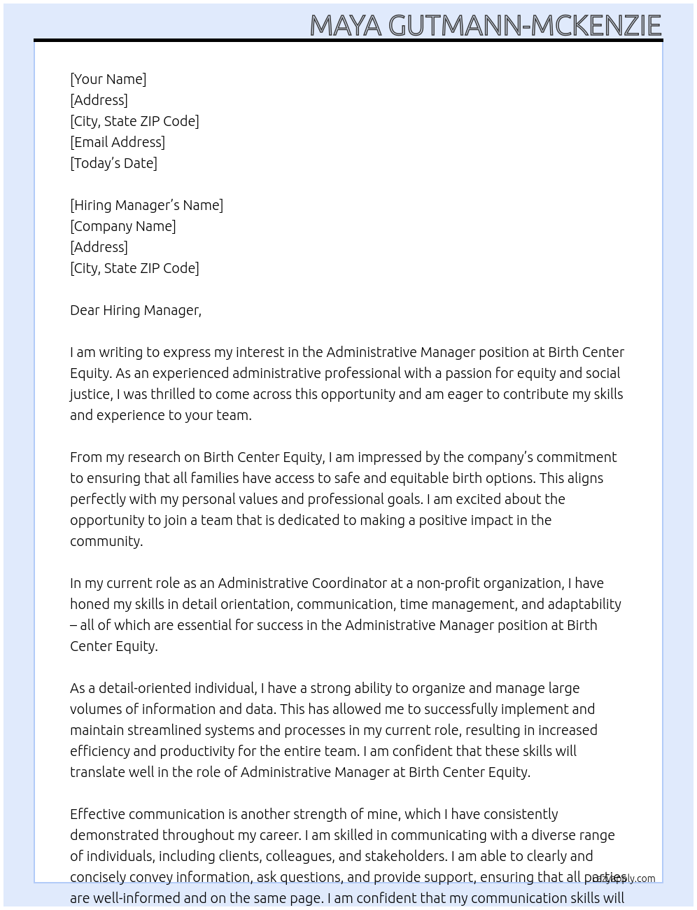 Administrative Manager At Birth Center Equity Cover Letter