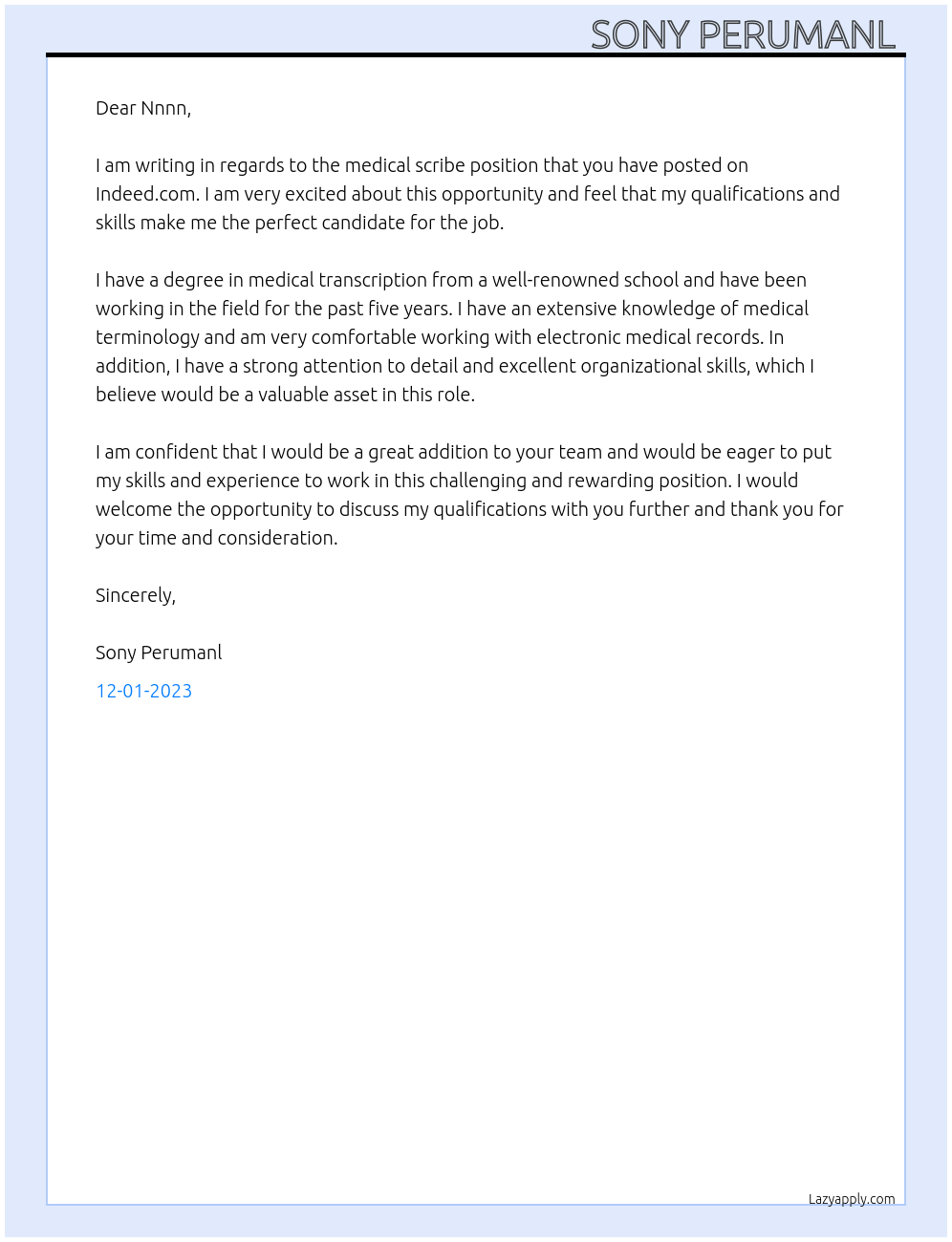 Medical scribe At Indeed Cover Letter