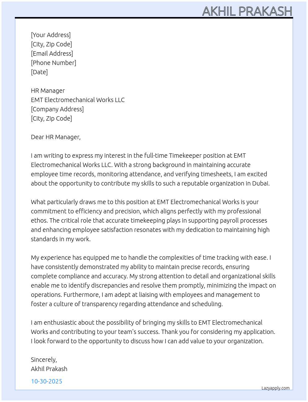 Timekeeper  At EMT Electromechanical Works LLC Cover Letter