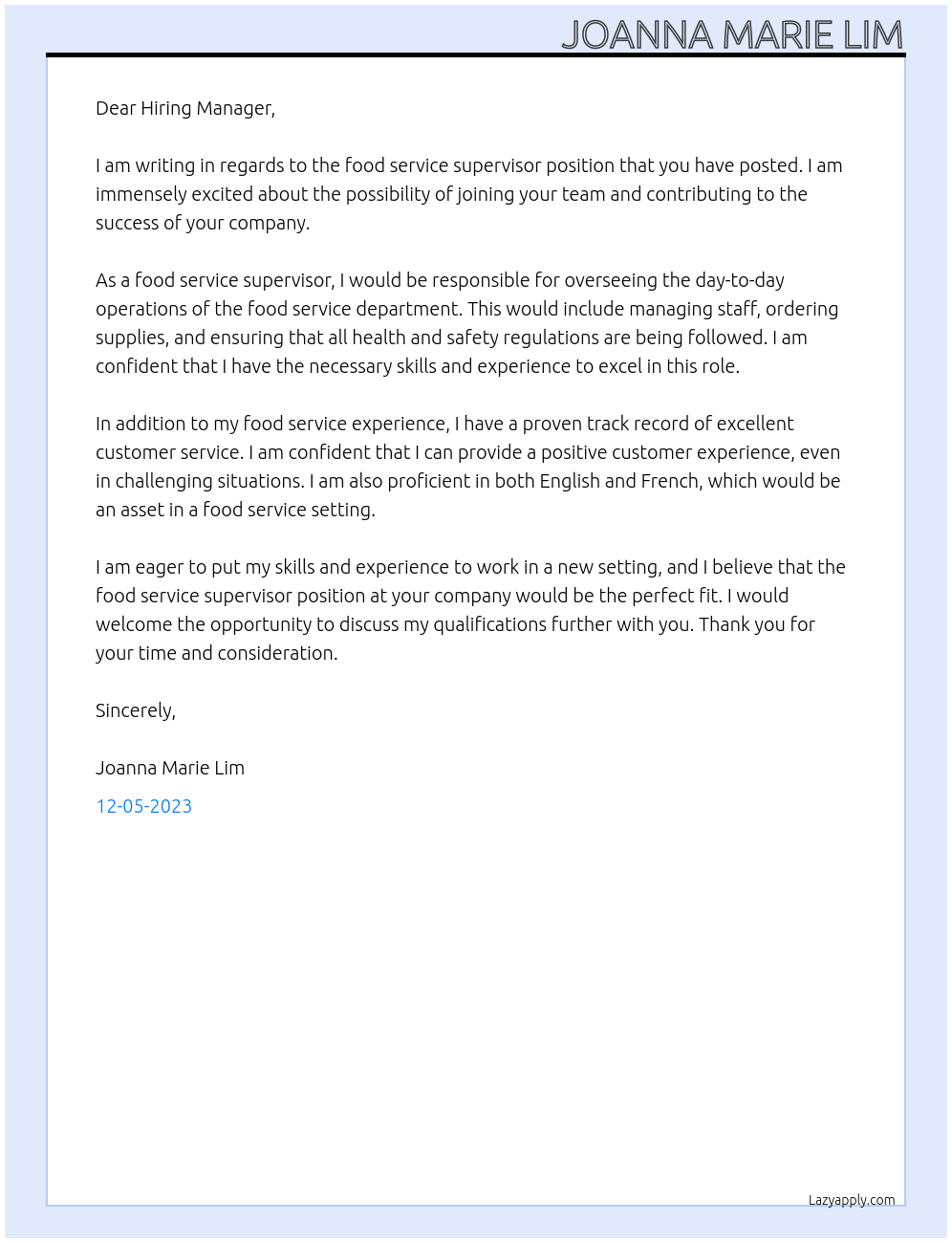 Food service supervisor At None Cover Letter