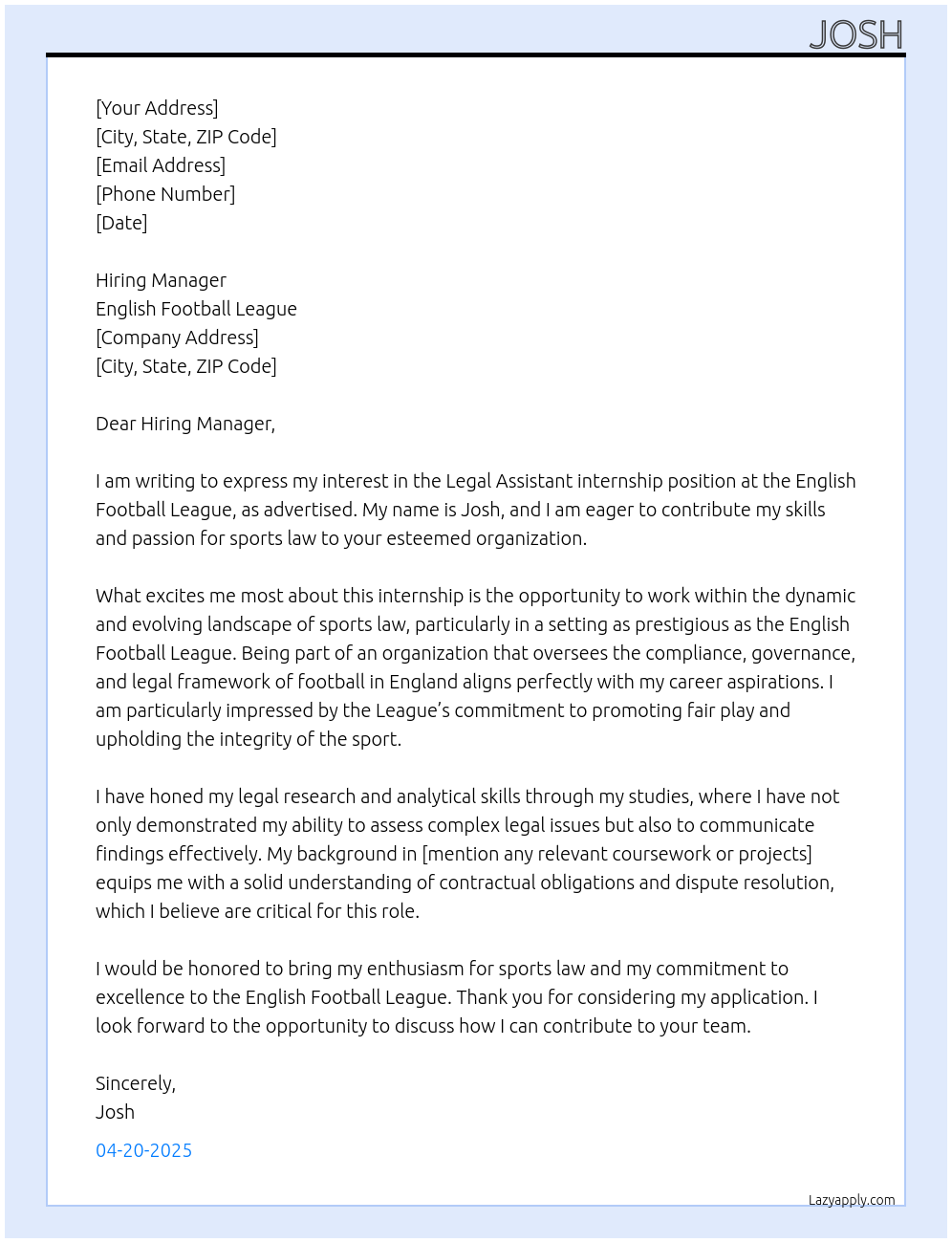 Legal assistant At English football league Cover Letter