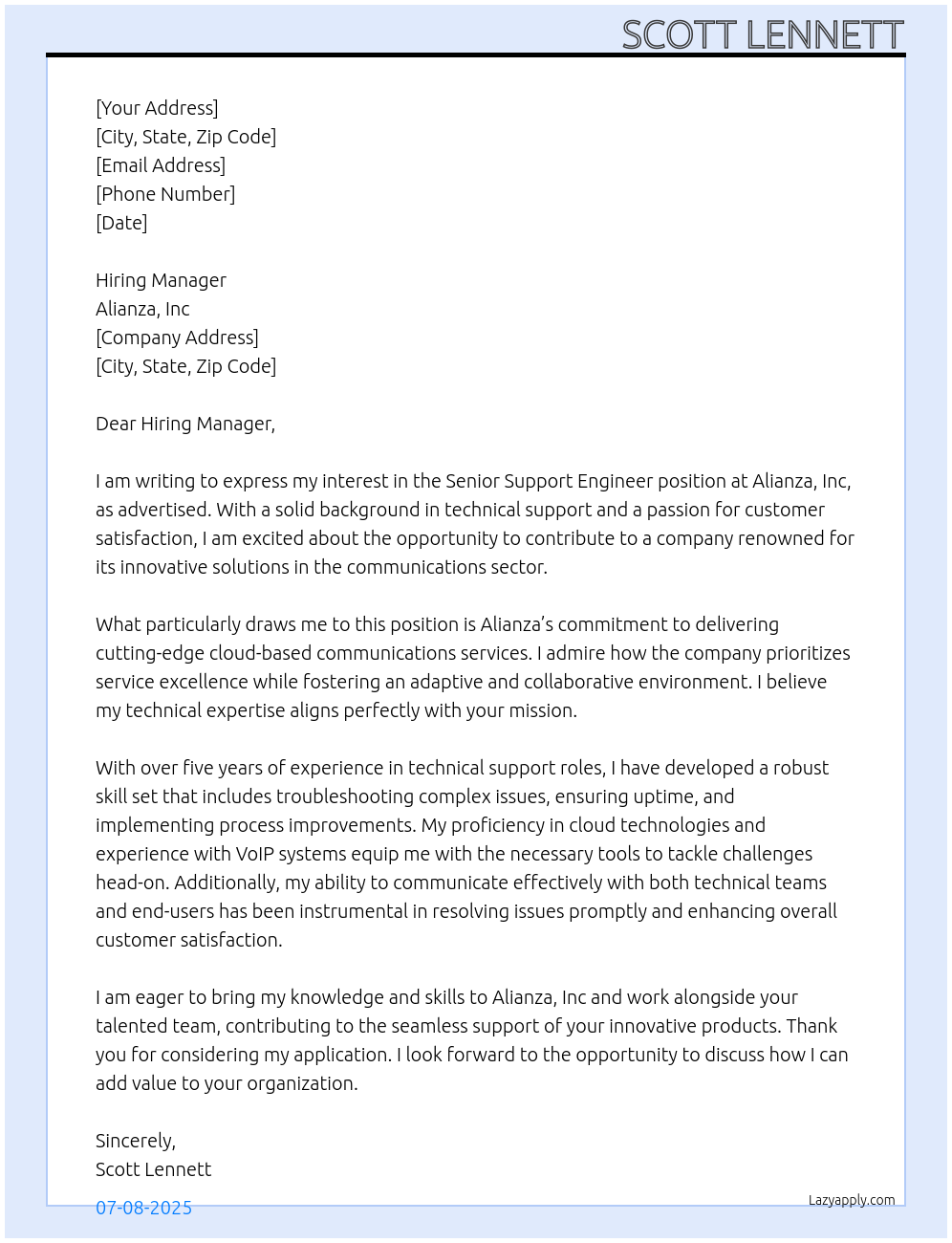 Cover letter for senior support engineer - LazyApply