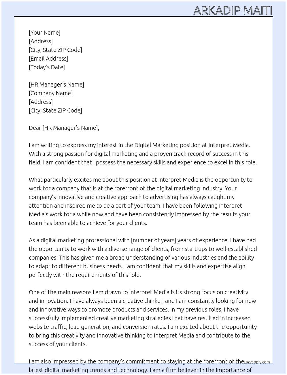 Digital marketing At Interpret Media Cover Letter