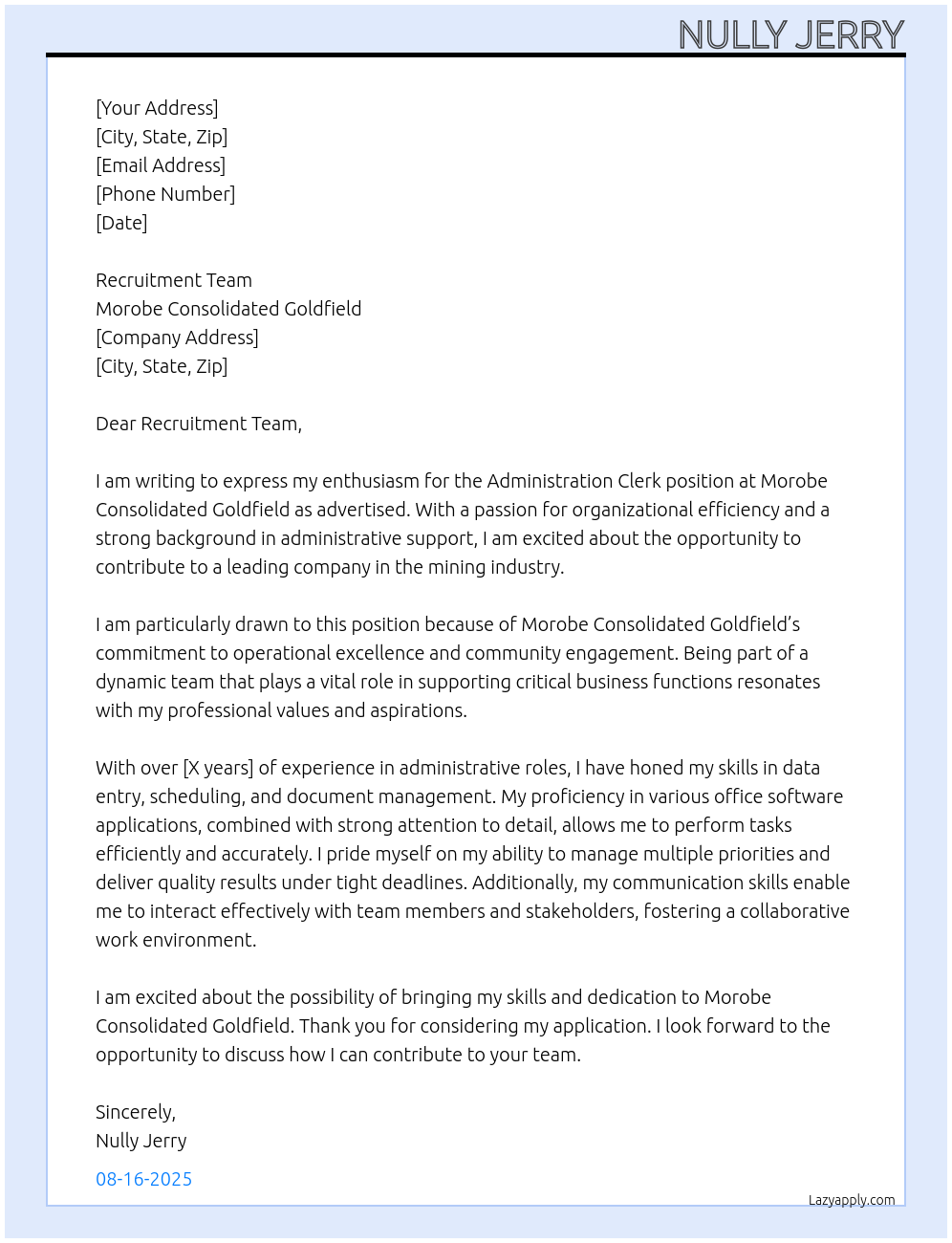 Administration Clerk At Morobe Consolidated Goldfield Cover Letter