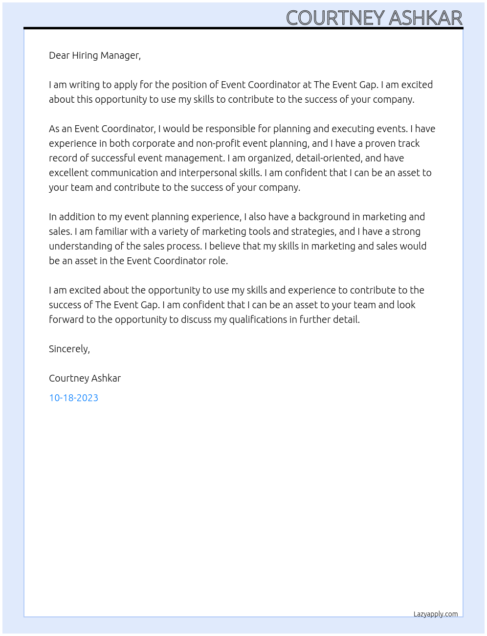 Event Coordinator At The Event Gap Cover Letter