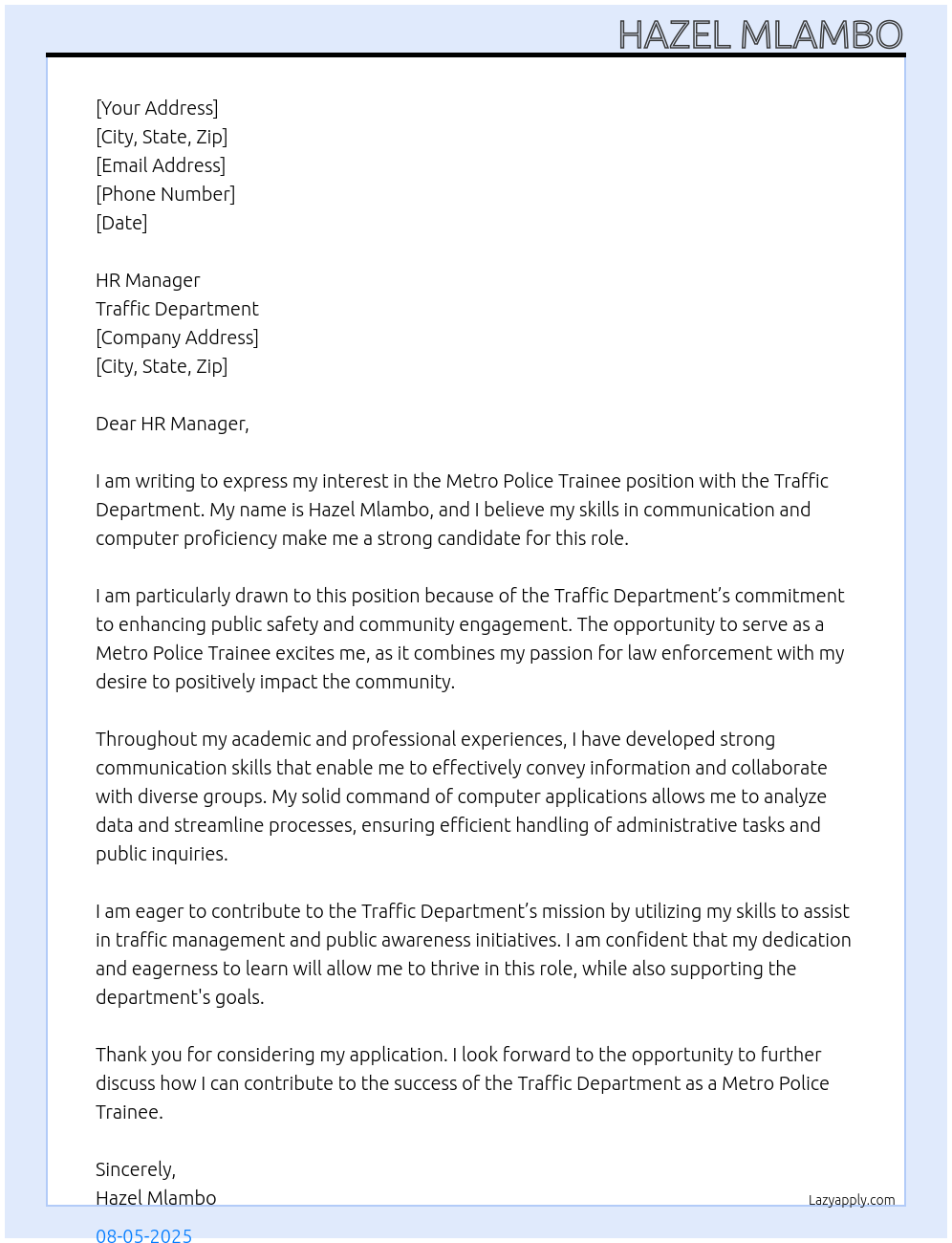 Metro Police Trainee At Traffic Department Cover Letter