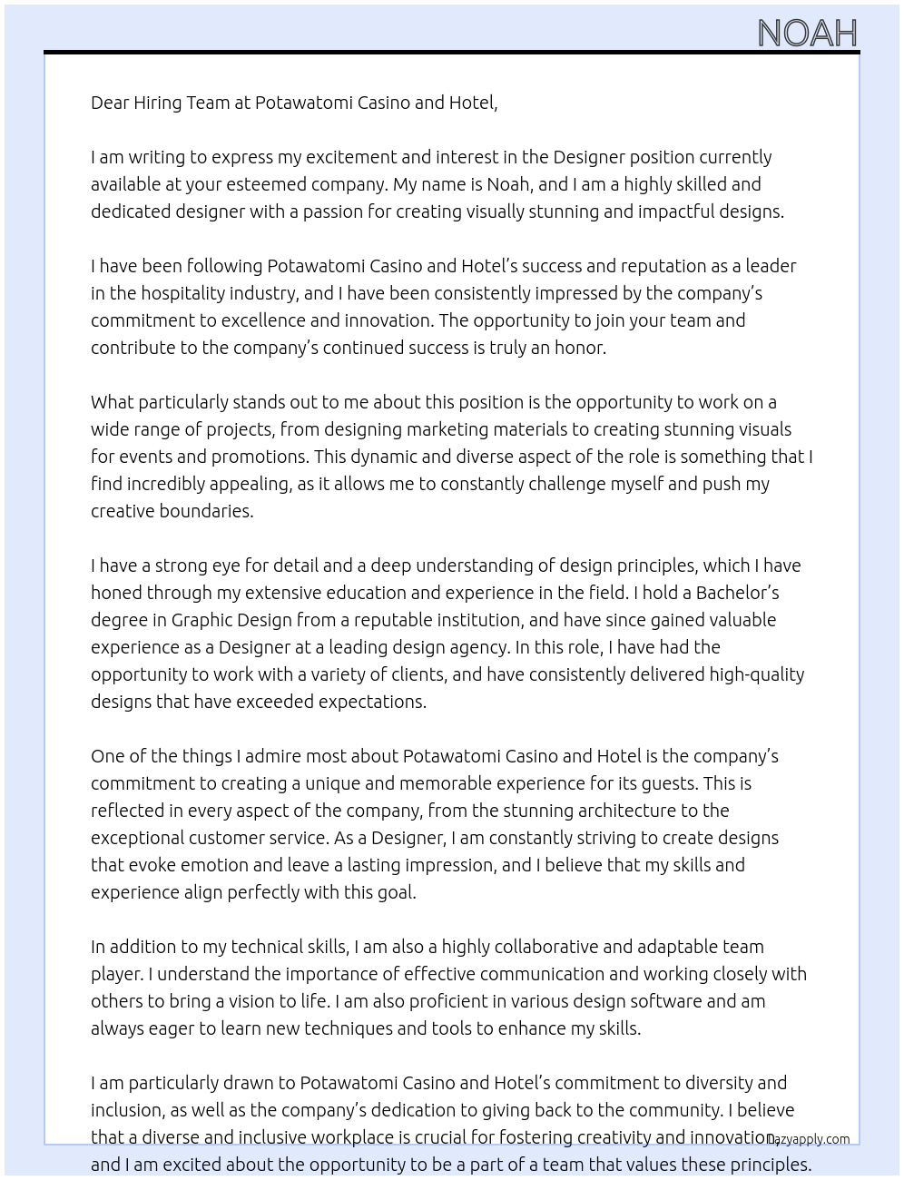 Designer At Potawatomi Casino and Hotel Cover Letter