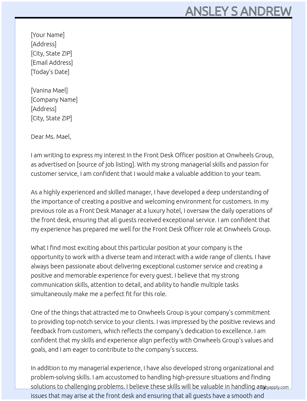 Front Desk Officer At Onwheels Group Cover Letter