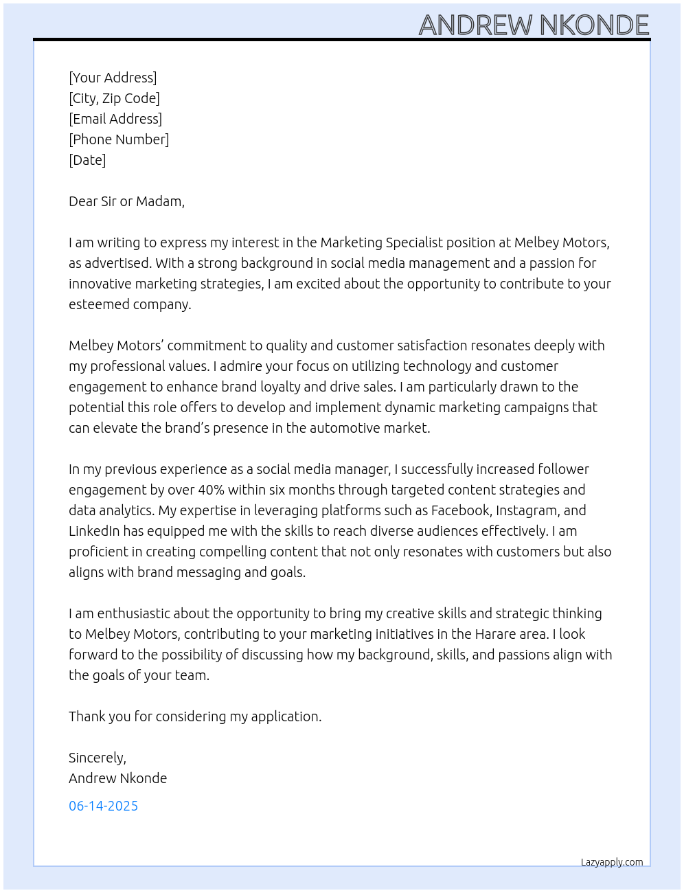 Cover letter for marketing specialist - LazyApply