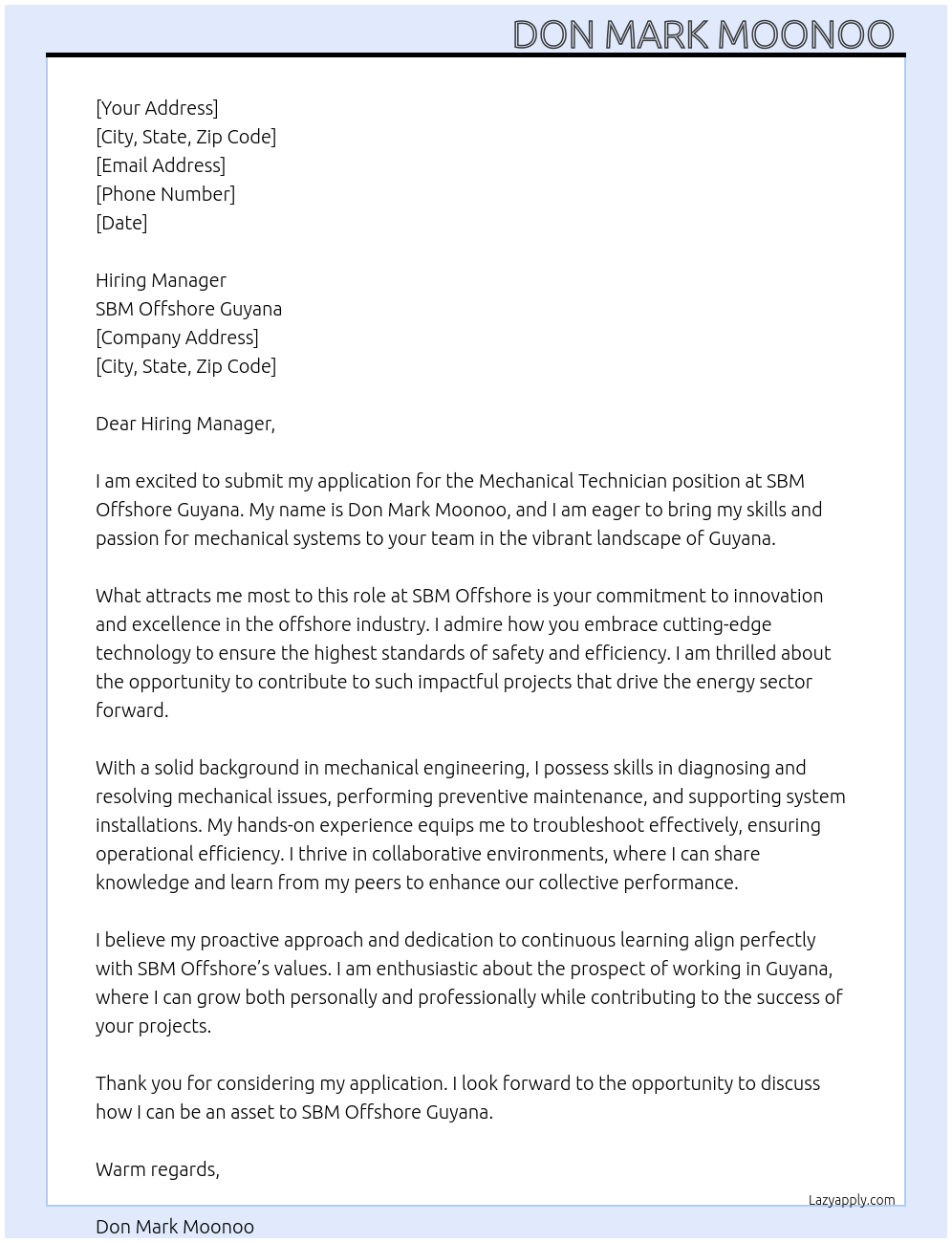 Mechanical technician At SBM offshore Guyana Cover Letter