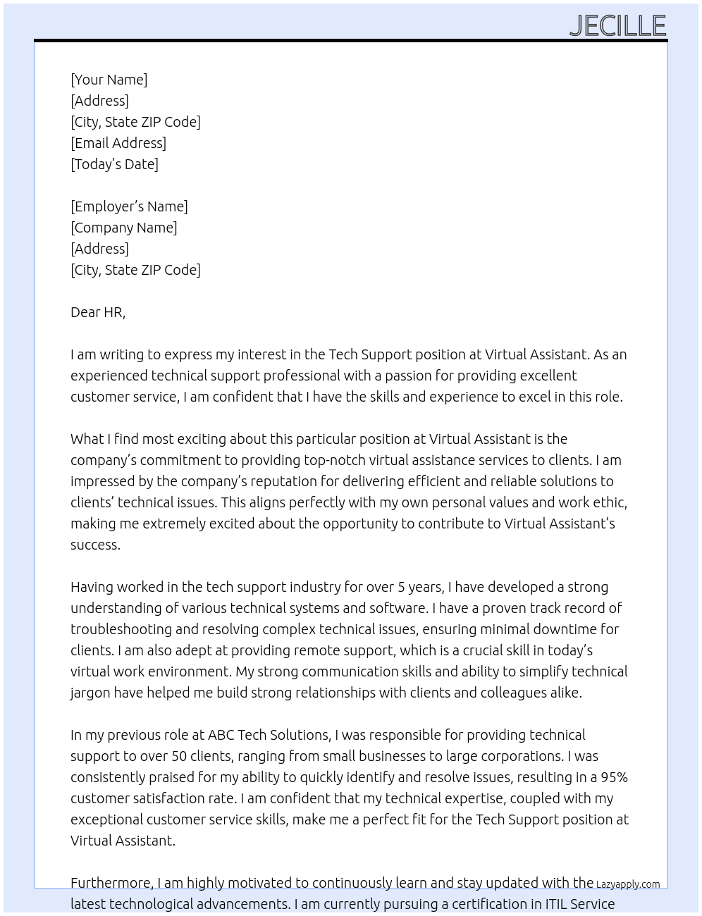 Tech Support At Virtual Assistant Cover Letter