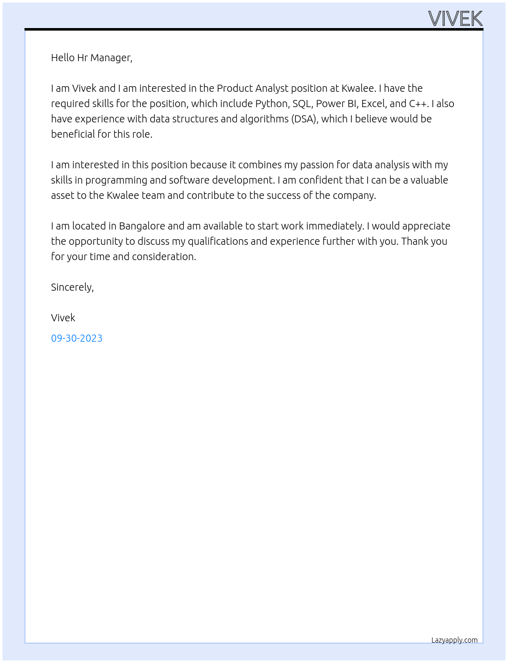 Product Analyst At Kwalee Cover Letter