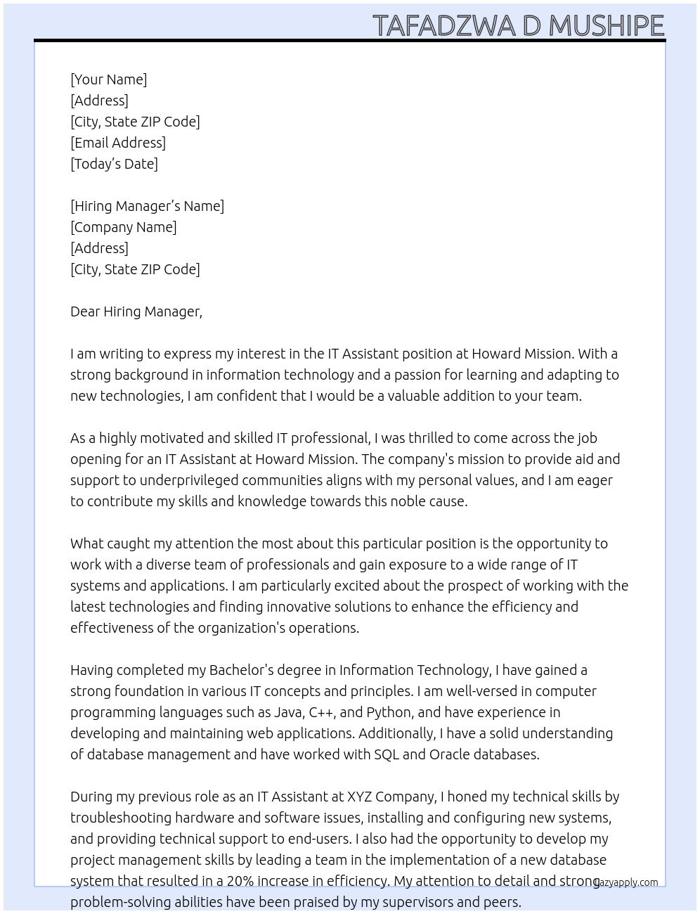 It Assistant At Howard Mission Cover Letter