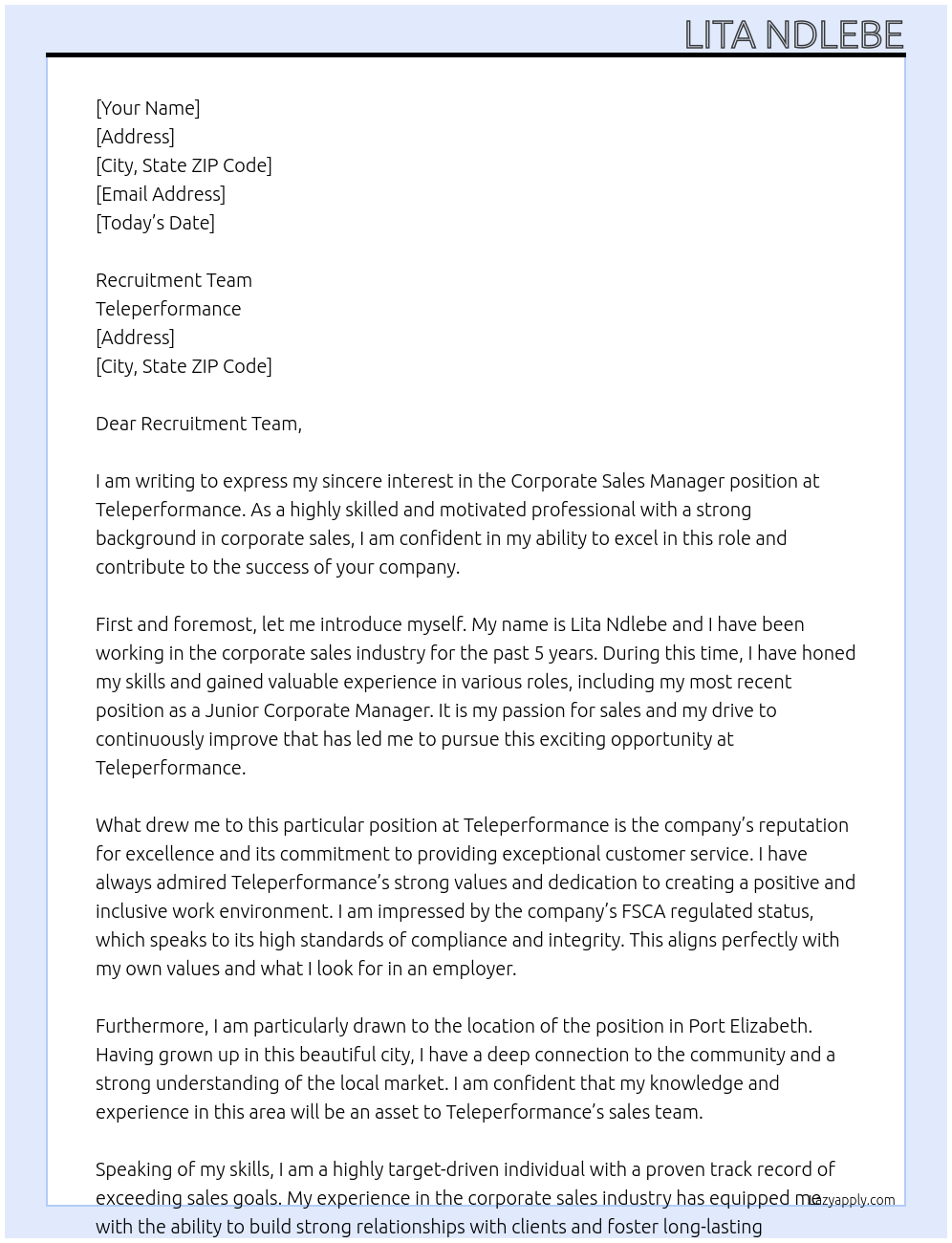 Corporate Sales Manager At Teleperformance Cover Letter