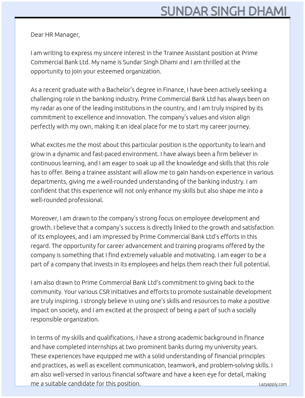 Trainee assistant At Prime Commercial Bank Ltd Cover Letter