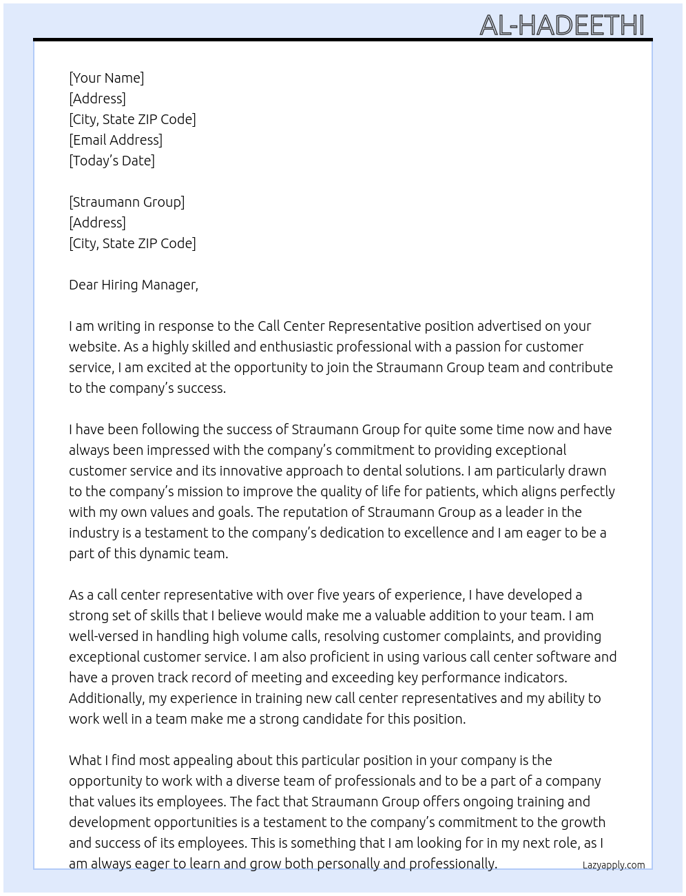 Call Center Representative At Straumann Group Cover Letter