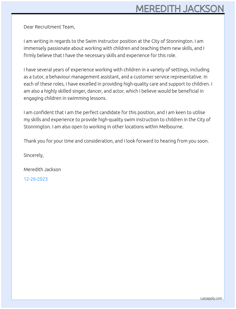 Swim Instructor At City of Stonnington Cover Letter