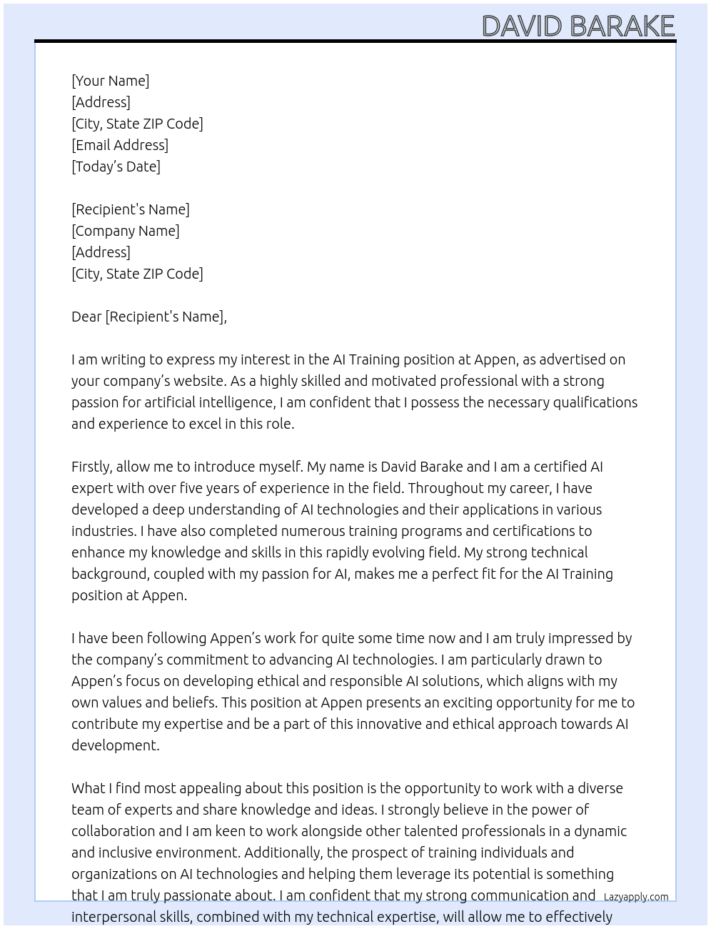 ai training At appen Cover Letter