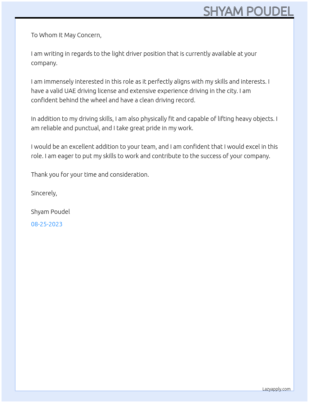 Light driver At dubai confidantel Cover Letter