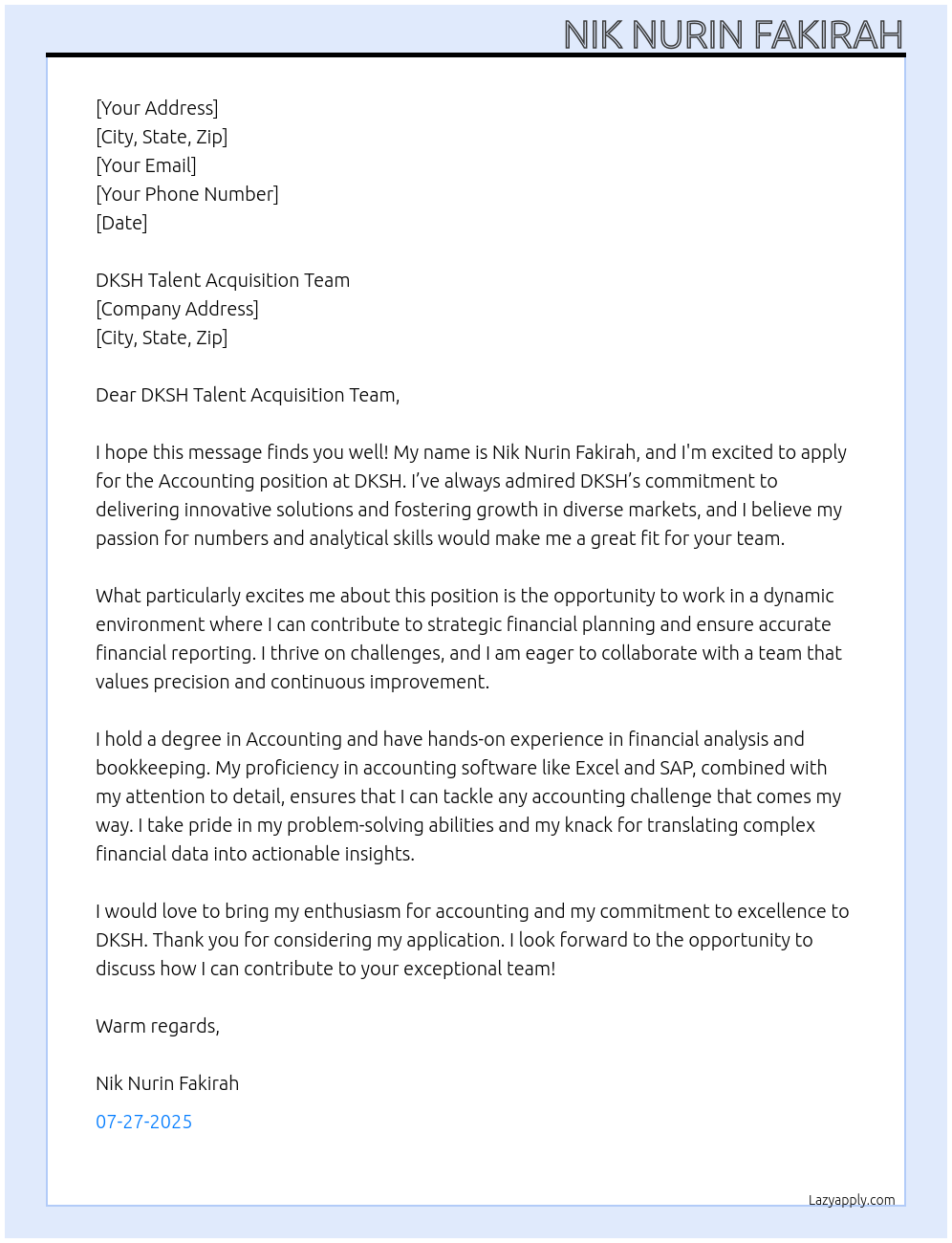 Accounting At DKSH Cover Letter