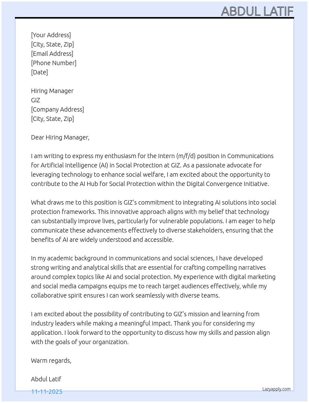 Intern (m/f/d) – Communications for Artificial Intelligence (AI) in Social Protection / AI Hub for Social Protection of the DCI (Digital Convergence Initiative) At GIZ Cover Letter