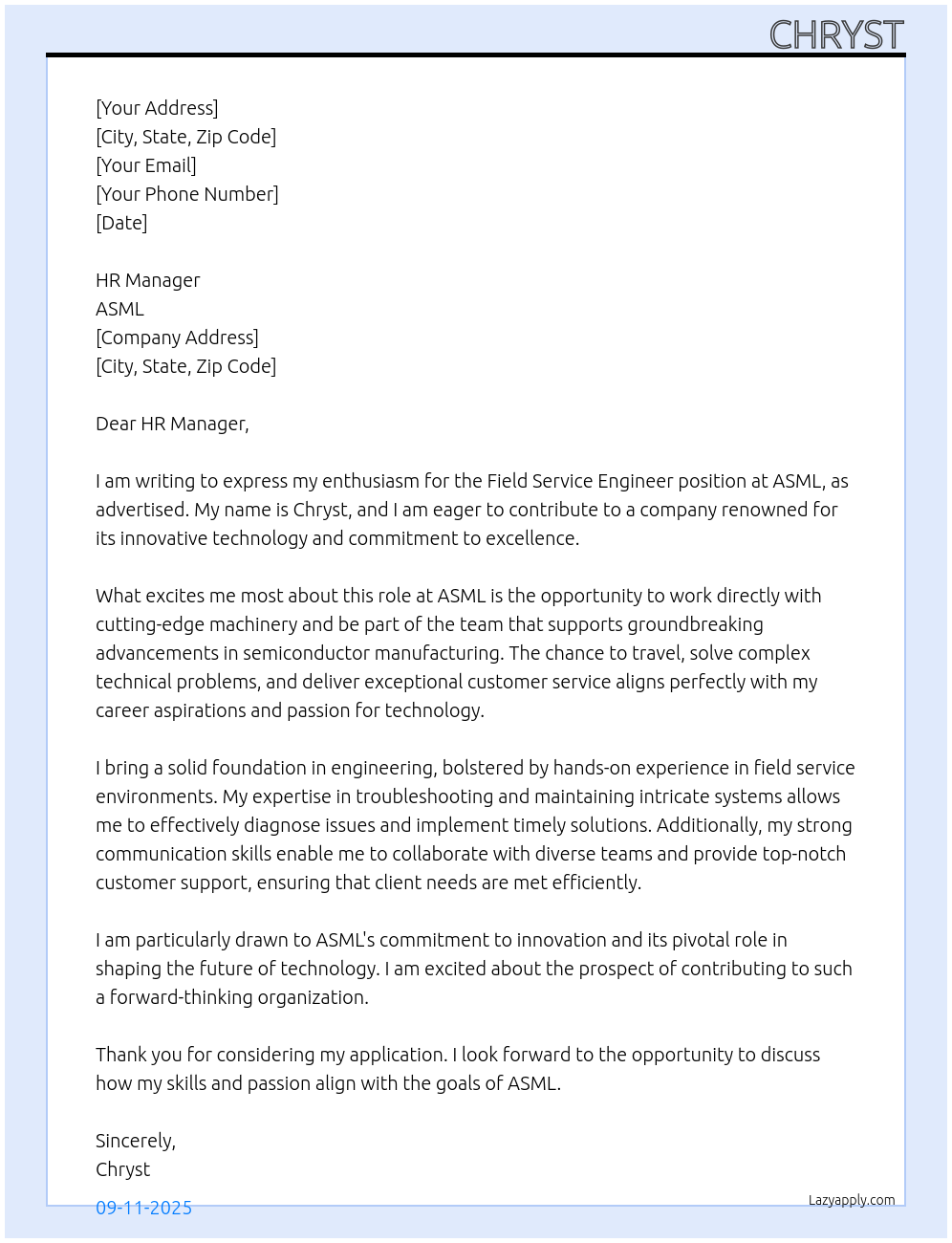 Field Service Engineer At ASML Cover Letter