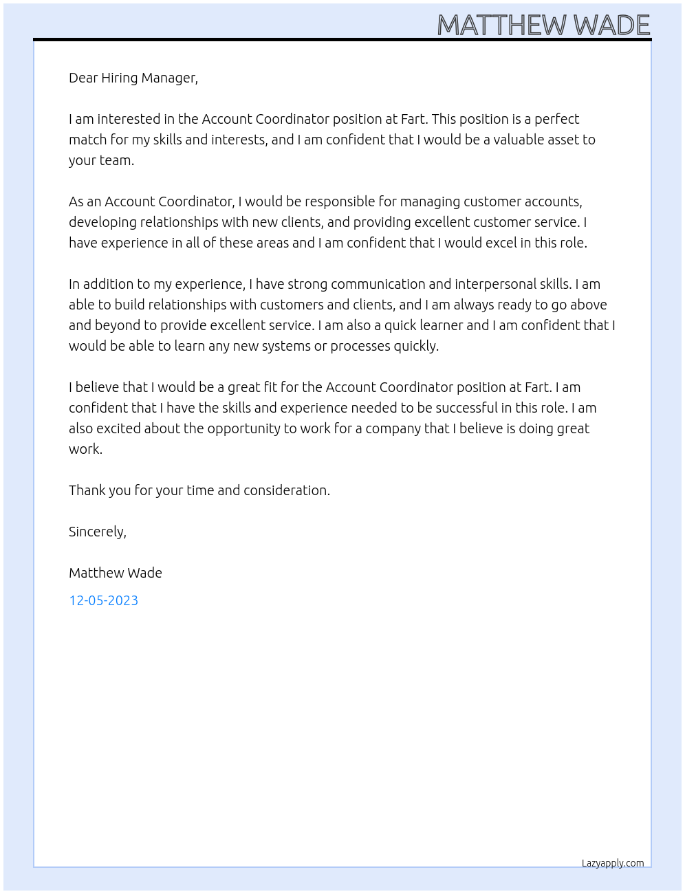 Account Coordinator At Fart Cover Letter