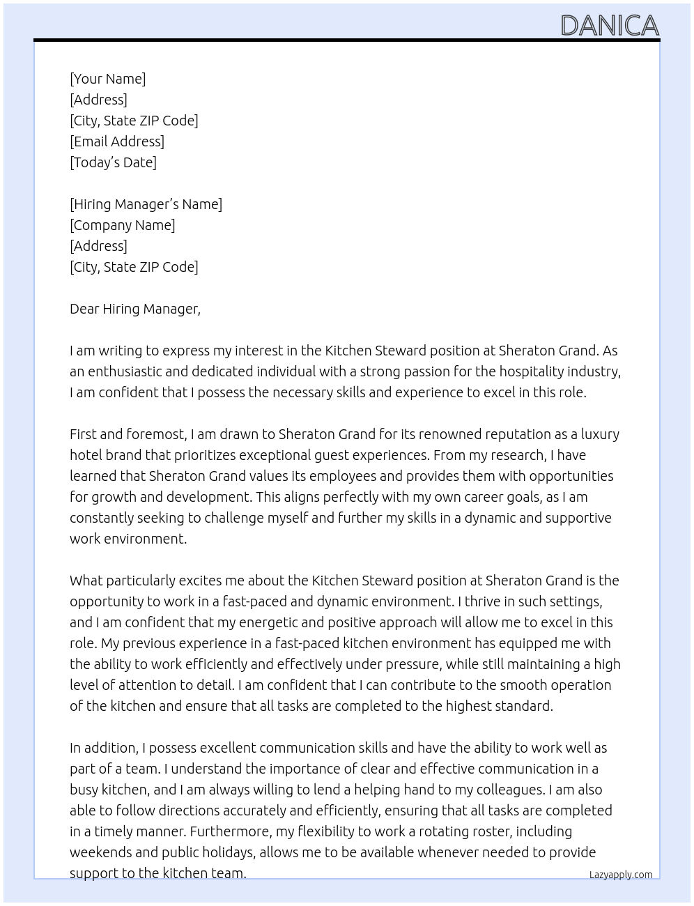 Kitchen Steward At Sheraton Grand Cover Letter