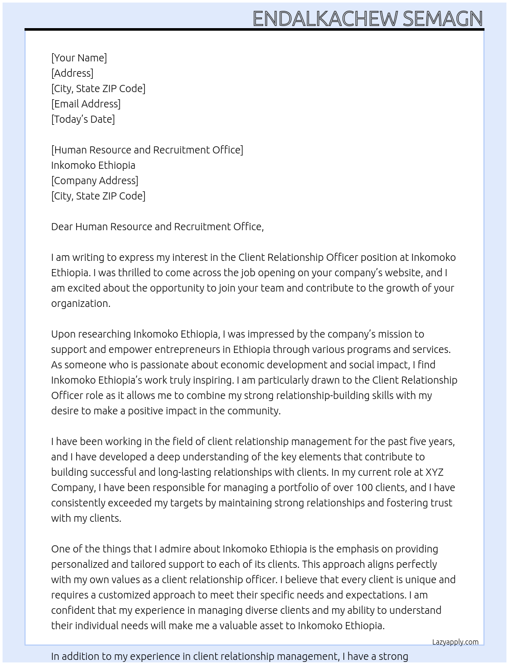 Cover letter for client relationship officer - LazyApply