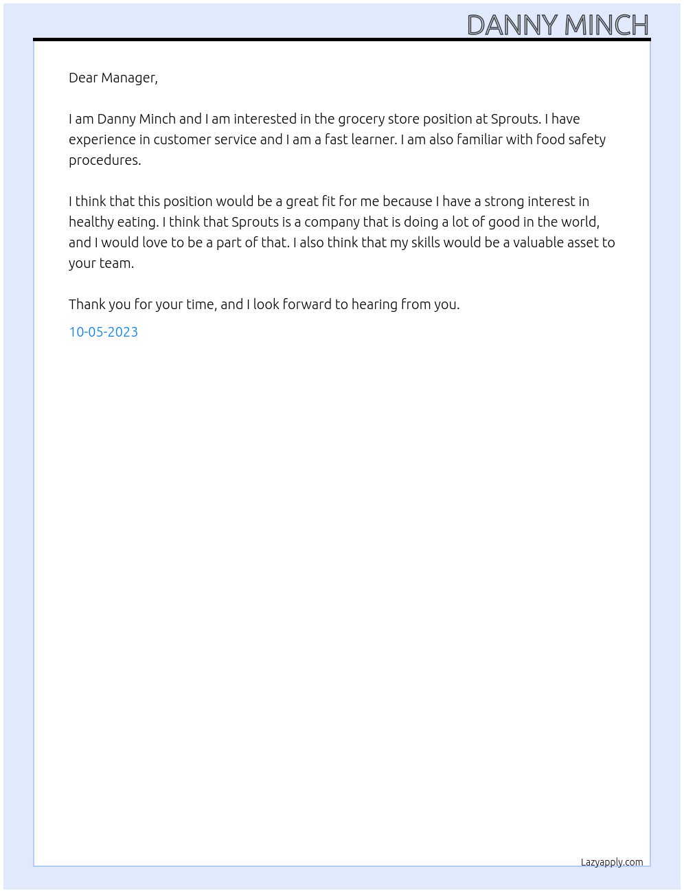 Grocery Store At Sprouts Cover Letter