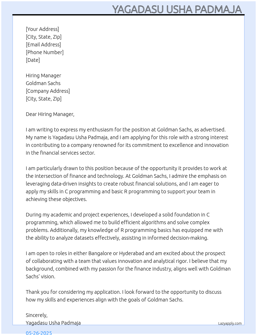 Cover letter for Goldman Sachs - LazyApply