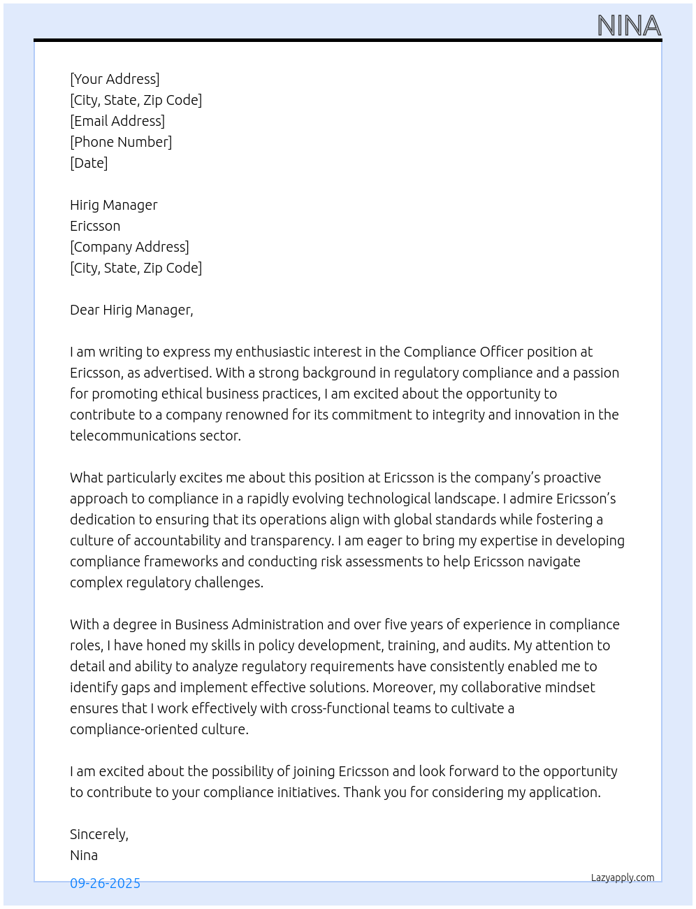 Compliance Officer At Ericsson Cover Letter