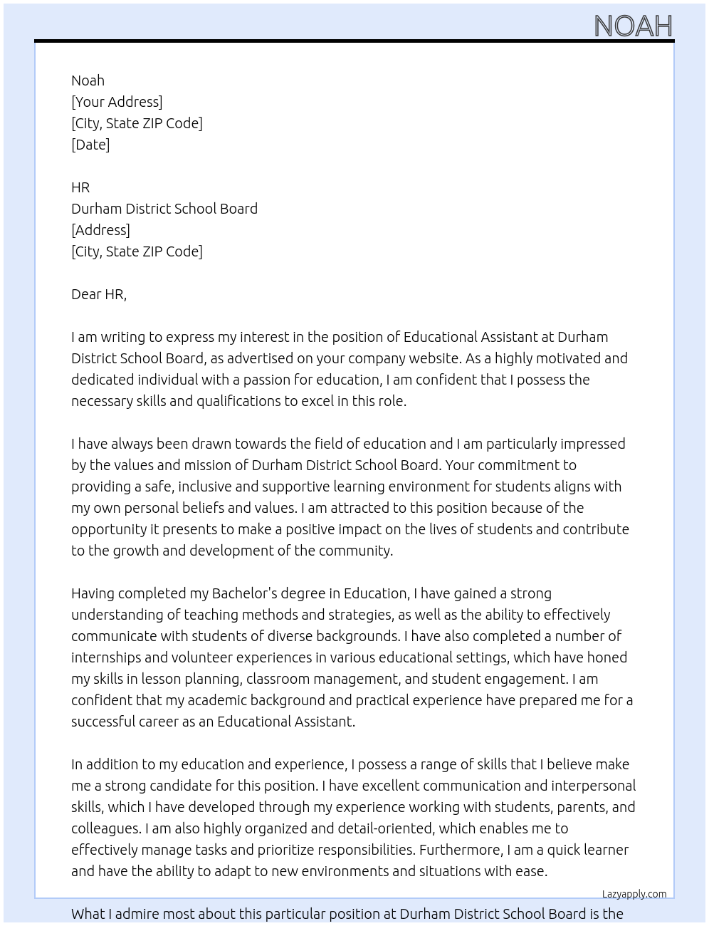 Educational Assistant At Durham District School Board Cover Letter