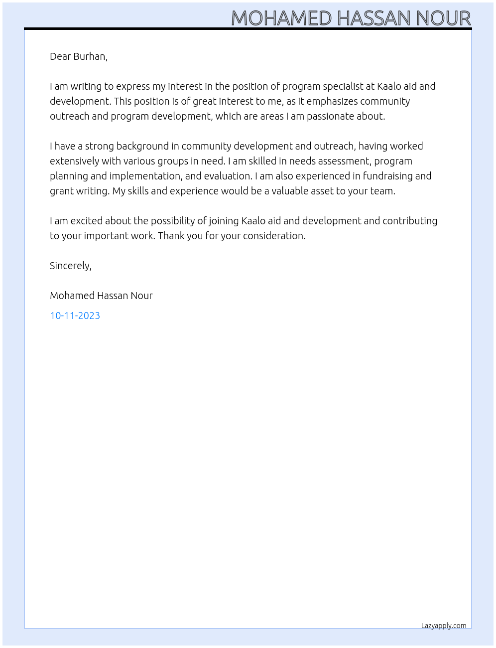 program specialist At Kaalo aid and development Cover Letter