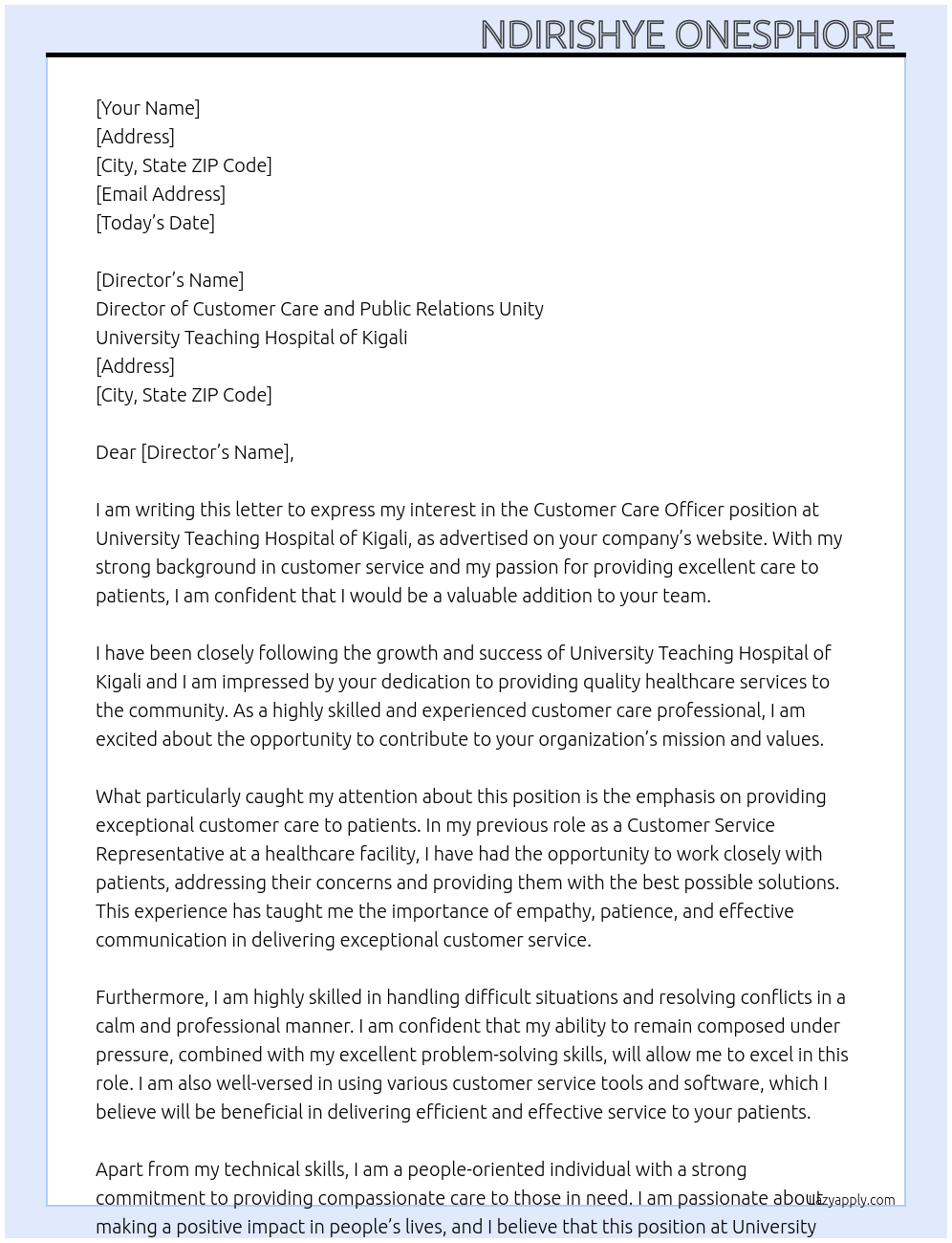 Customer care officer At University teaching hospital of Kigali Cover Letter