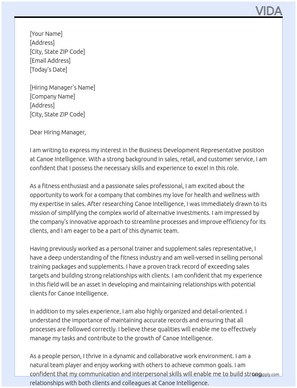 Business Development Representative At Canoe Intelligence Cover Letter