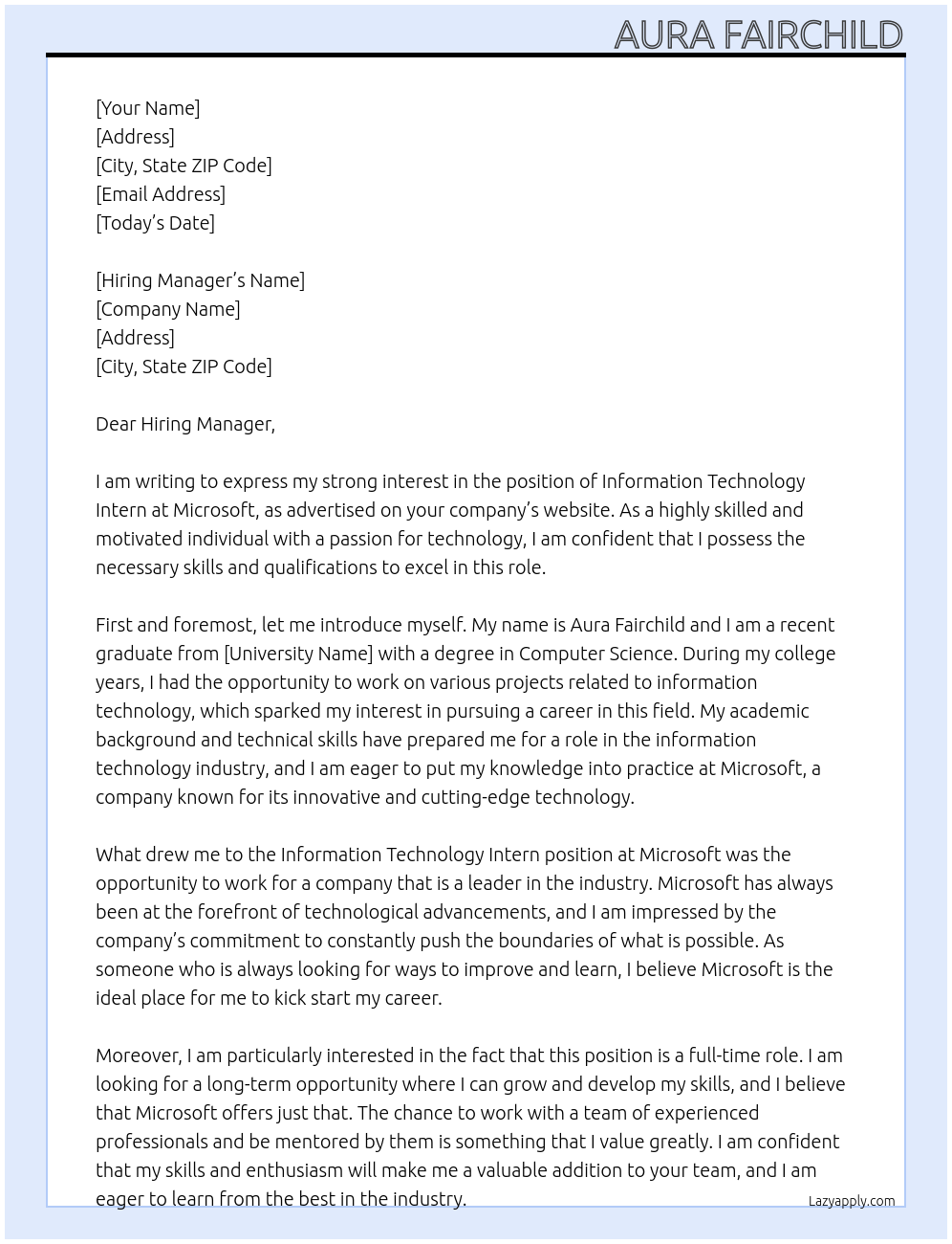 Information Technology Intern At Microsoft Cover Letter