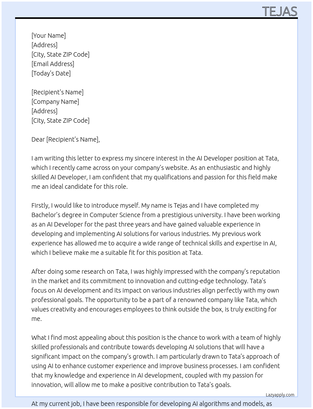 AI Developer At Tata Cover Letter