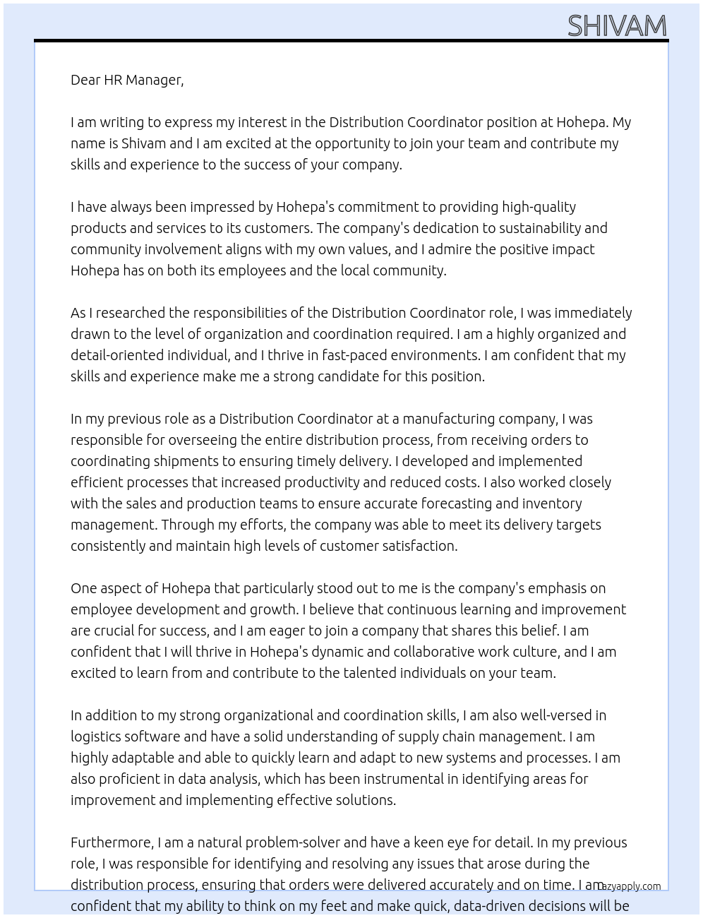 Distribution coordinator At Hohepa Cover Letter