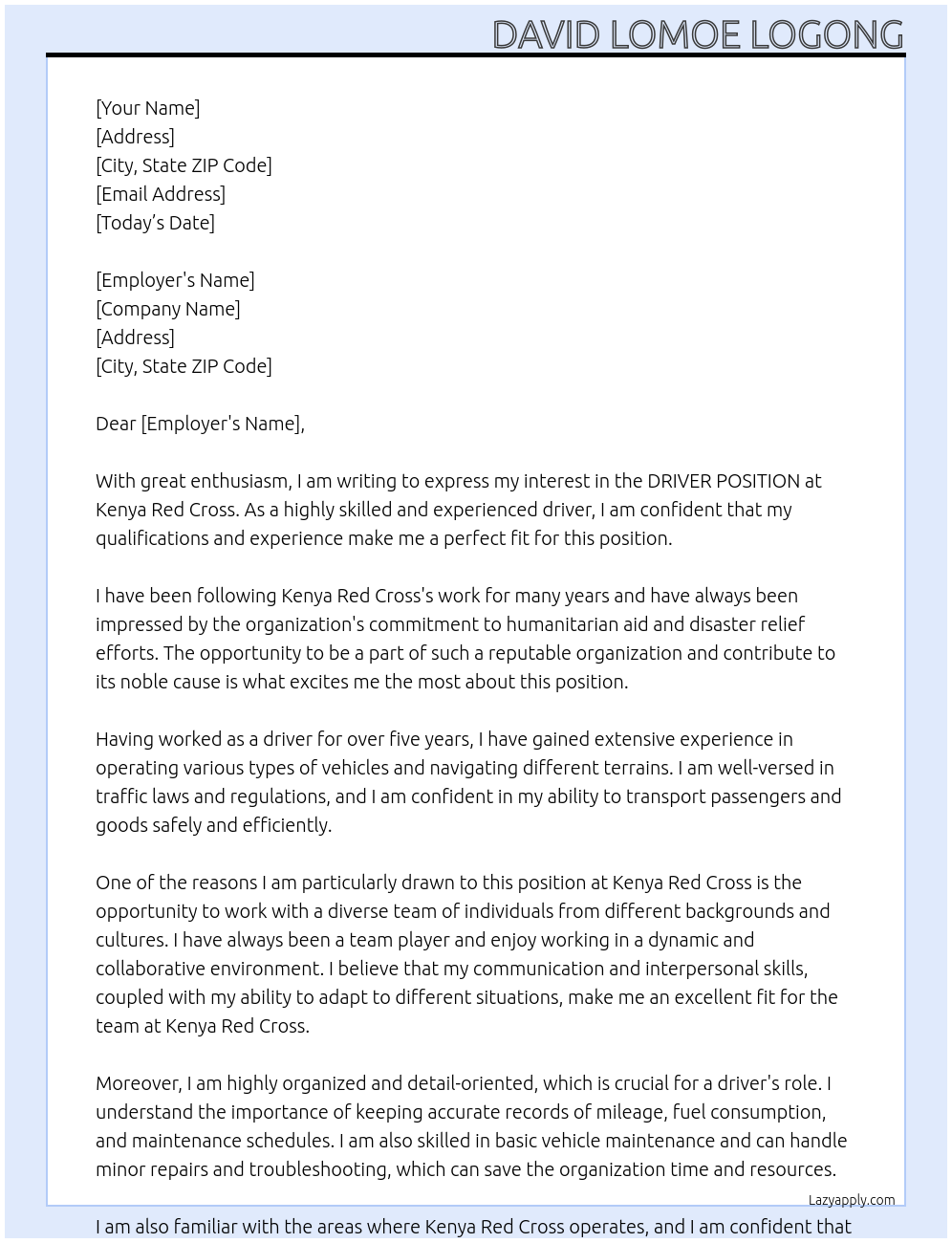 DRIVER POSITION At KENYA RED CROSS Cover Letter