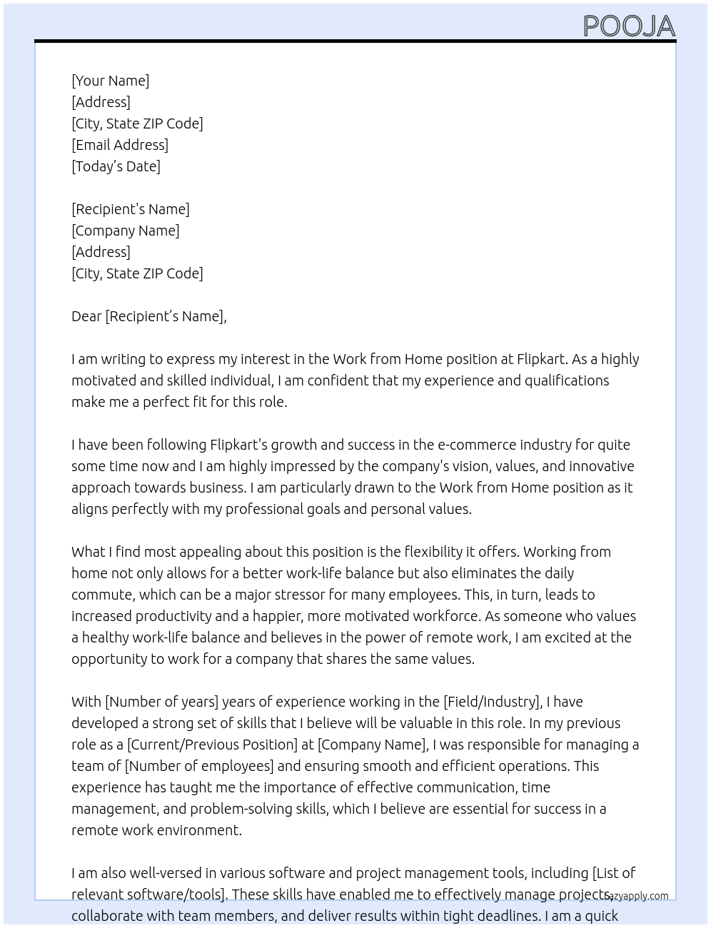 Work from home At Flipkart Cover Letter