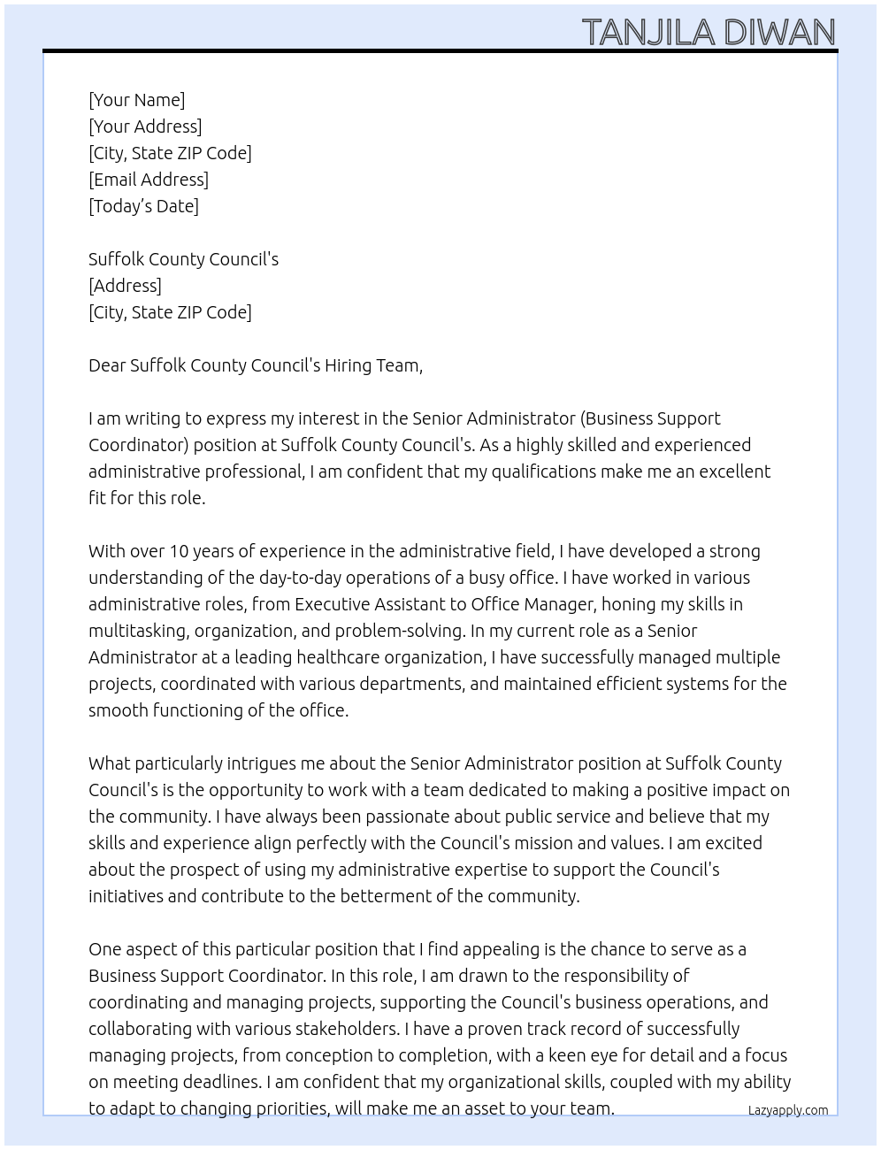 Senior Administrator At Suffolk County Council's Senior Administrator (Business Support Coordinator), Cover Letter