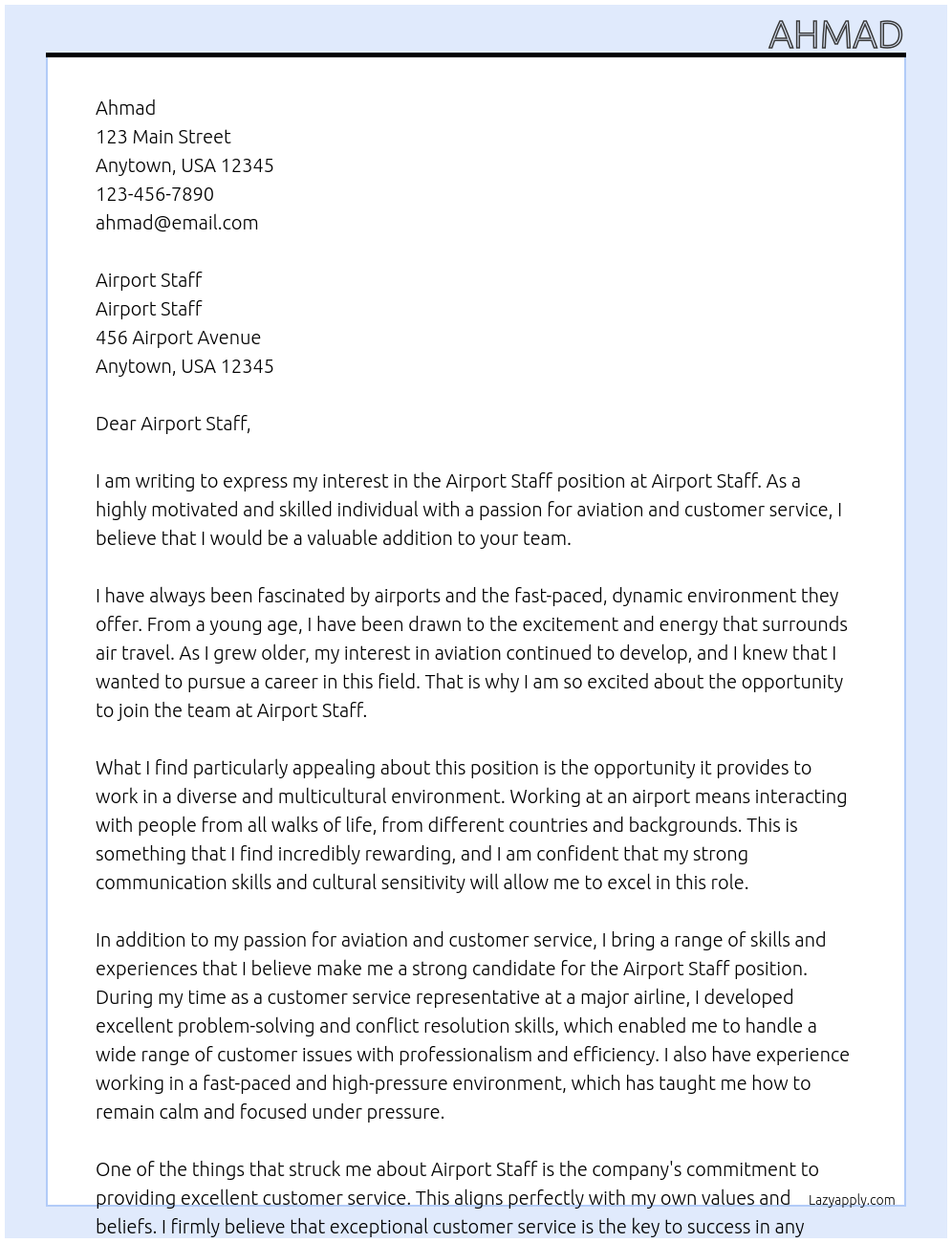 Airport staff At Airport staff Cover Letter
